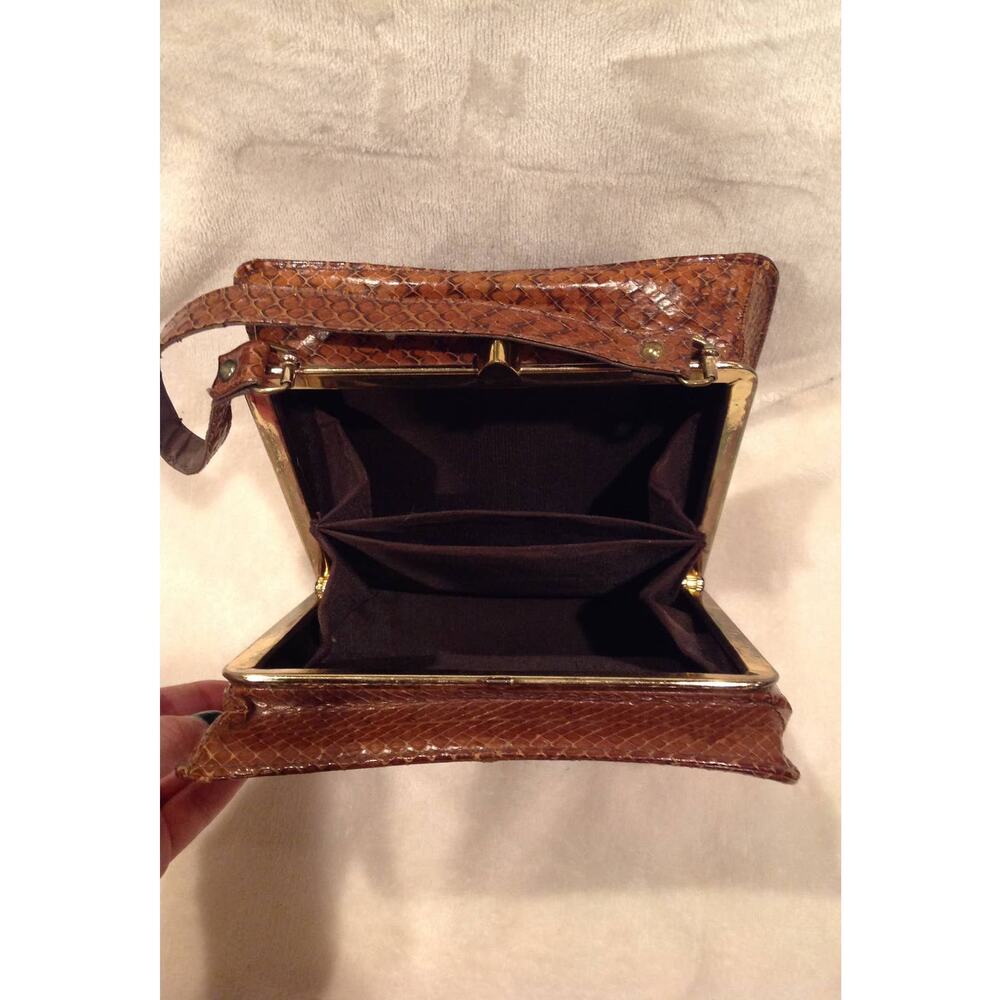 Vintage Brown Snake Print Handbag with Gold Accents Square Top Handle Purse - Picture 11 of 14